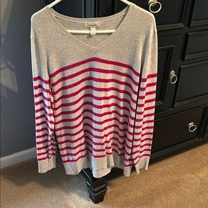 Gray and Pink Striped V-Neck Sweater
